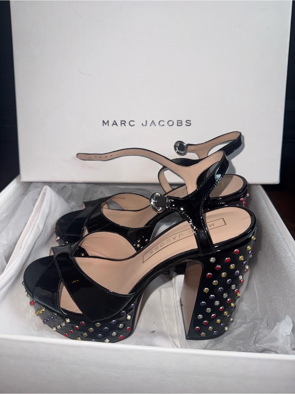 Marc Jacobs Black Patent Leather Studded Platform Heels with Multicolor Gems